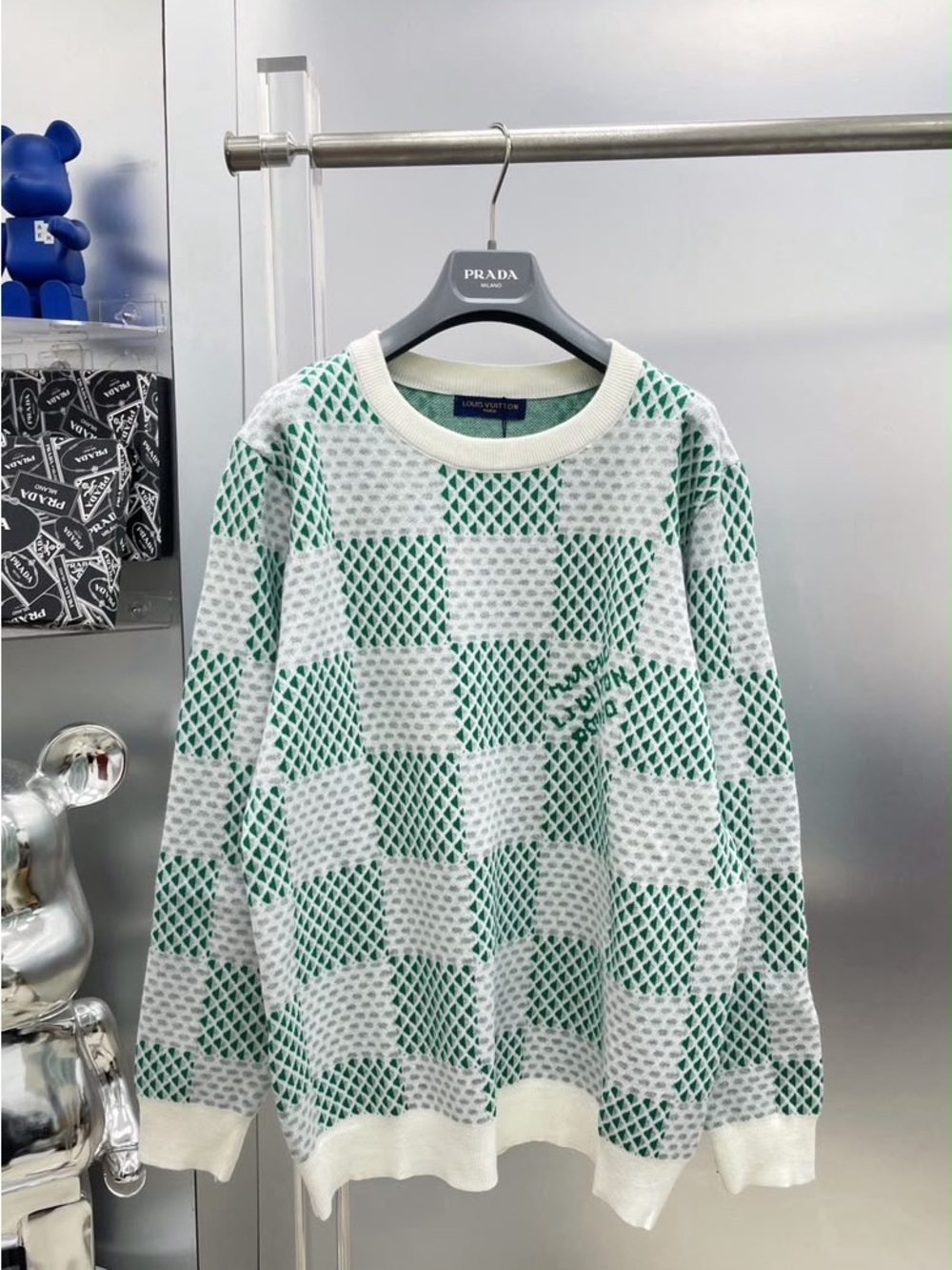 Louis Vuitton Green & White Checkerboard Knit Crewneck Sweater